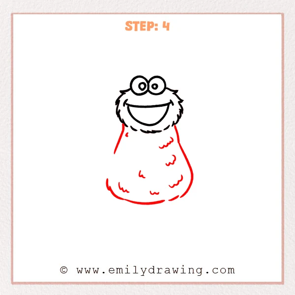 how to draw a cookie monster - Cookie Monster drawing with a rounded body added beneath the furry face, plus small wavy fur marks and a curved base line.